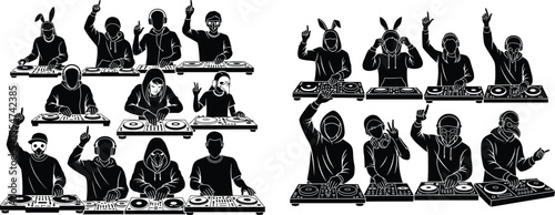 of silhouette DJs with different styles and mask playing music on turntables