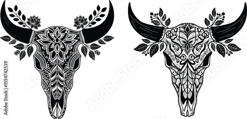 Ornate bull skull illustration with floral decoration line art design