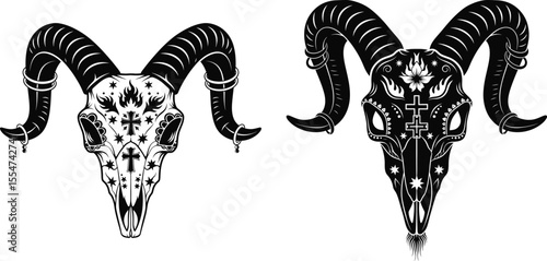 Ram skull silhouettes with floral and geometric designs, and horn piercings illustration
