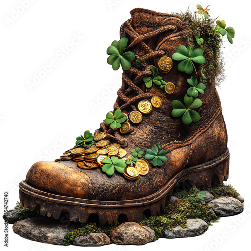 A Rusty Boot Overflowing with Clovers and Coins: An Intriguing Symbol of Adventure and Prosperity in Nature's Embrace