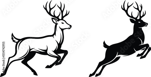 Reindeer jumping silhouette illustration, isolated stag design, animal symbol