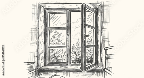Hand-drawn window sketch overlooking forest trees with open panels and nature scenery