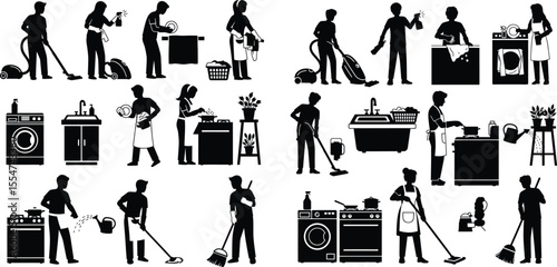 Set of black silhouette illustrations showing people doing housework, cleaning, washing and home chores
