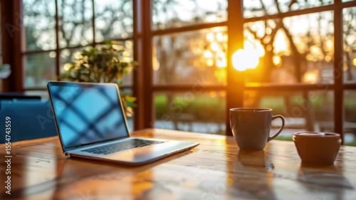 Laptop and mugs on a wooden table with sunlight streaming through the window.