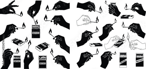 Silhouette hands holding lit matches and matchboxes illustration set