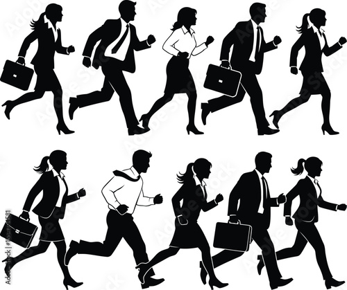 Silhouette illustration of rushing business people with briefcase and formal attire running forward