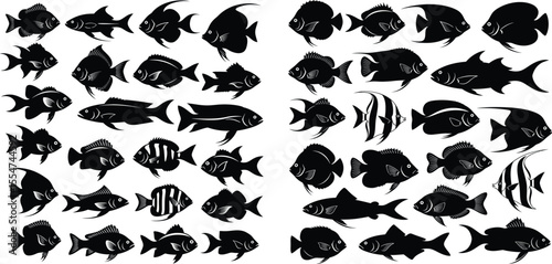 Silhouette set of different types of fish in varied shapes for marine life design