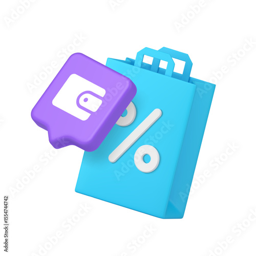 Colorful shopping bag, percentage symbol and wallet icon, perfect for e-commerce, sale, payment, and shopping app design. 3d icon realistic vector illustration