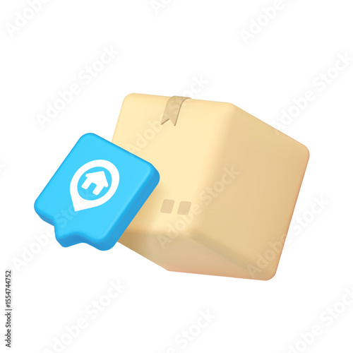 3d icon realistic vector illustration featuring a cardboard delivery box and location pin, suitable for shipping, logistics, tracking apps, and digital platforms. Vector illustration