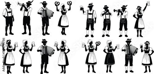 silhouettes of Oktoberfest people with beer, pretzel, accordion and trumpet