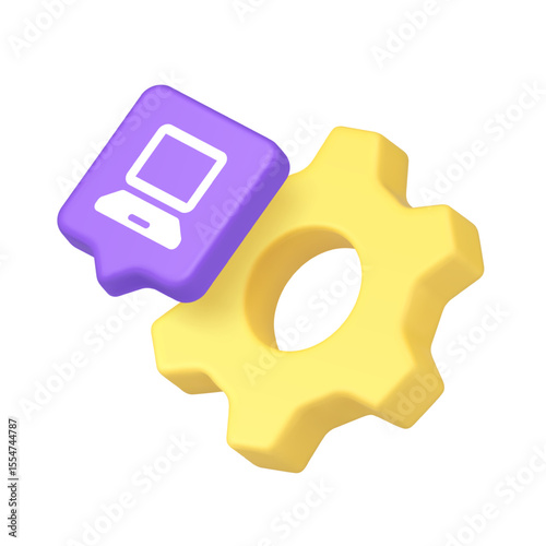 Yellow gear combined with a purple speech bubble featuring a computer icon, symbolizing settings, digital services, and software development. 3d icon realistic vector illustration.
