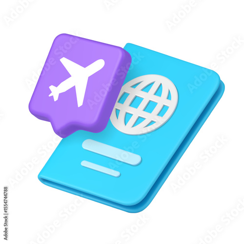 Airplane in speech bubble above blue passport with globe symbolizing travel, booking, vacation, and flight services for digital and business use. 3d icon realistic vector illustration