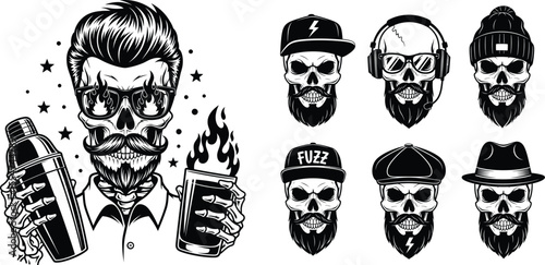 Skull characters with beard and moustache, cocktail shaker, flames and different hats illustration