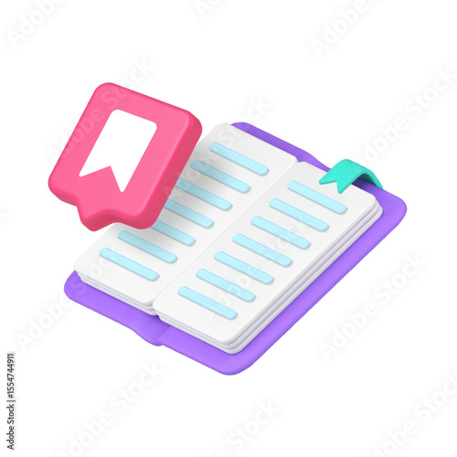 Open book with red speech bubble bookmark icon, representing reading, knowledge and dialogue in educational or business contexts. 3d icon realistic vector illustration