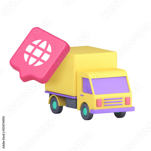 Yellow cargo truck with global symbol in pink bubble representing worldwide delivery and logistics services in a colorful and clean digital style. 3d icon realistic vector illustration