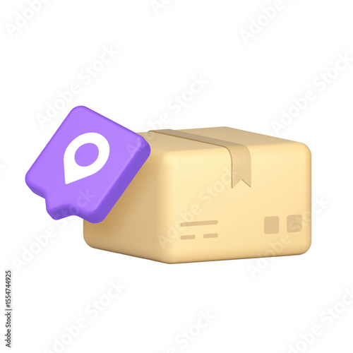 Closed cardboard box with purple location icon representing delivery services, inventory logistics and package tracking in modern colorful style. 3d icon realistic vector illustration