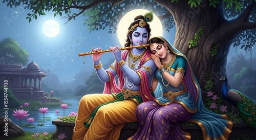 Artistic Illustration of Krishna Playing Flute with Radha Under Moonlight