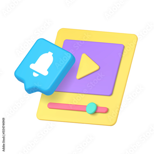 Bright video player symbol with red notification badge in a colorful modern style represents streaming, media, alerts, and communication. 3d icon realistic vector illustration