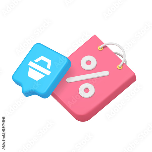 Vibrant pink shopping bag combined with blue basket icon represents retail, commerce, and online purchases in a modern and colorful design. 3d icon realistic vector illustration