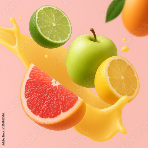 Assorted citrus fruits and green apple with juice splash on pink