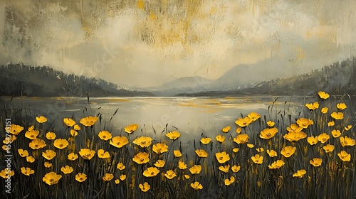 Serene Landscape Painting Yellow Flowers by Calm Lake and Misty Mountains