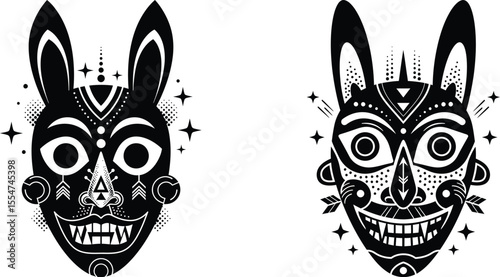 Two ornamented hare masks in tribal art style, symmetrical and geometrical black illustration