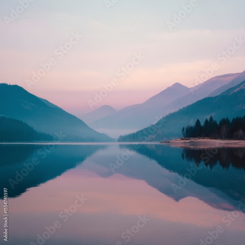 Calm mountain lake at sunrise
