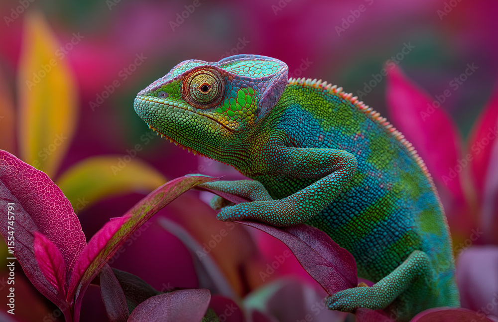 Fototapeta premium A colorful chameleon, perched on the leaves of an exotic plant in its natural habitat