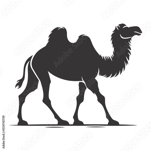 Black vector silhouette of walking camel for desert wildlife clipart and transportation animal art
