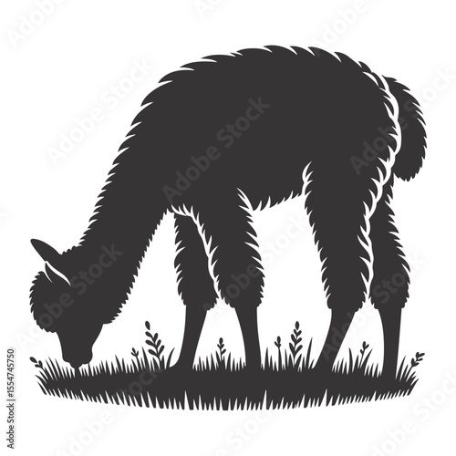 Black vector silhouette of grazing alpaca for Andean wildlife clipart and farm animal art