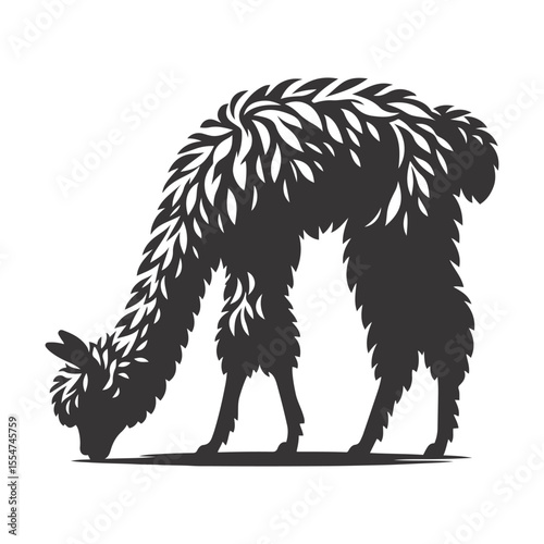 Grazing alpaca silhouette black vector for Andean wildlife clipart farm animal nature art and fluffy creature design