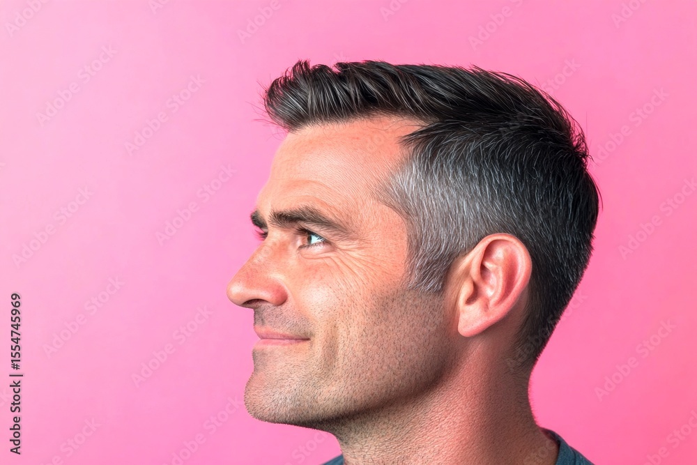Obraz premium Conceptual art of style for aging men. Pink solid background. Elegant men's side part haircut - midlife white man with black hair. A man with timeless elegance and a natural smile.