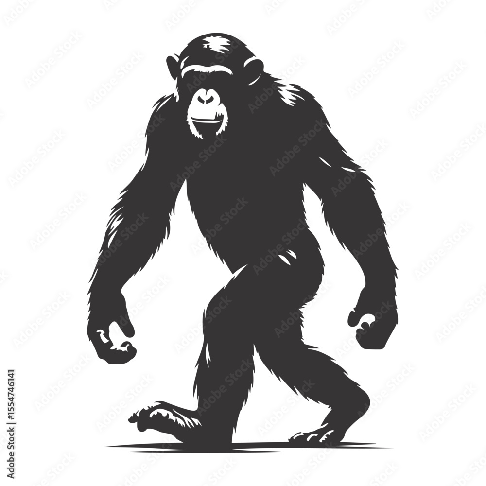 Fototapeta premium Chimpanzee silhouette walking black vector for jungle wildlife clipart smart primate nature creature and motion art
