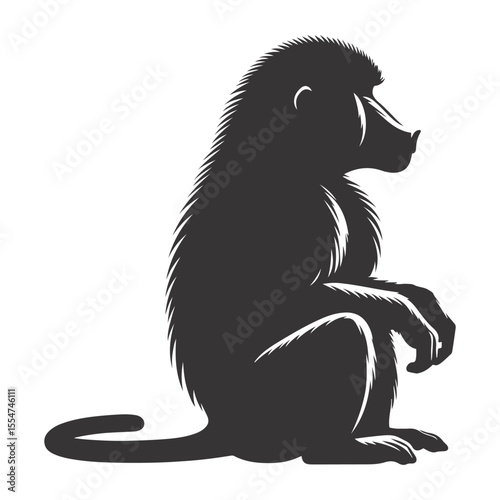 Vector illustration of sitting baboon silhouette for primate animal art and African wildlife tribal designs