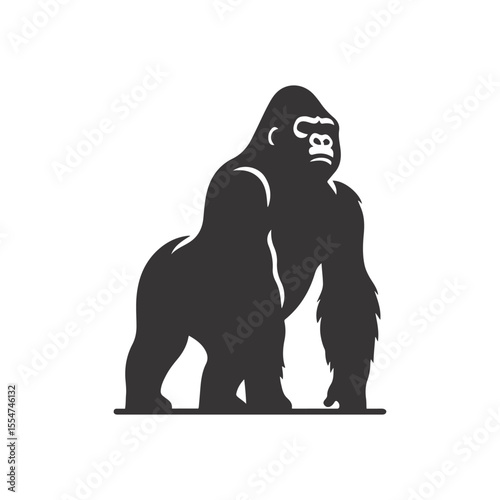 Standing gorilla silhouette black vector for powerful primate pose and jungle wildlife nature graphics