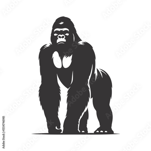 Black vector silhouette of standing gorilla for jungle wildlife clipart and strong primate art