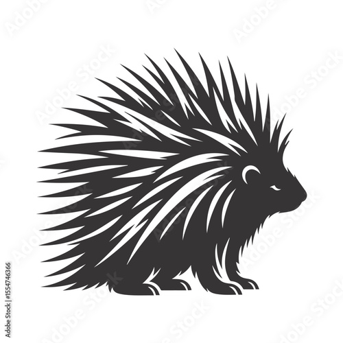 Porcupine silhouette with raised quills black vector for forest wildlife and defensive nature animal designs