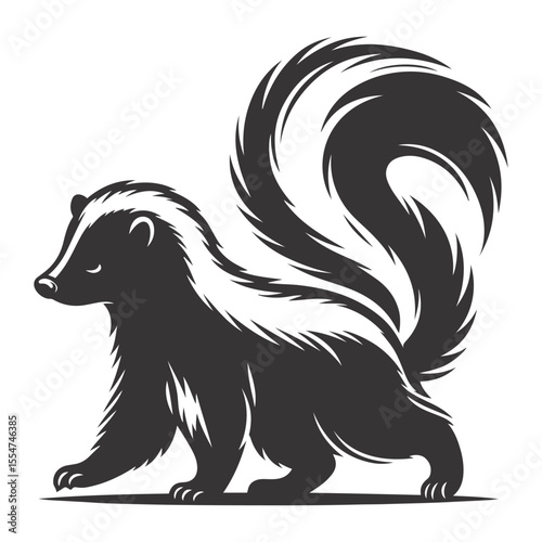 Vector illustration of walking skunk silhouette for woodland animal art and tail defense designs