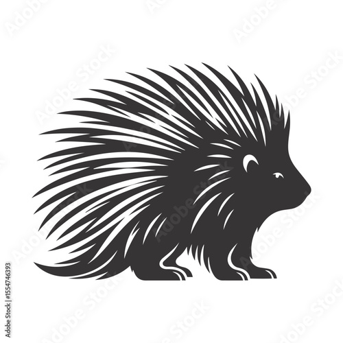 Black vector silhouette of porcupine with raised quills for forest wildlife clipart and defensive animal art