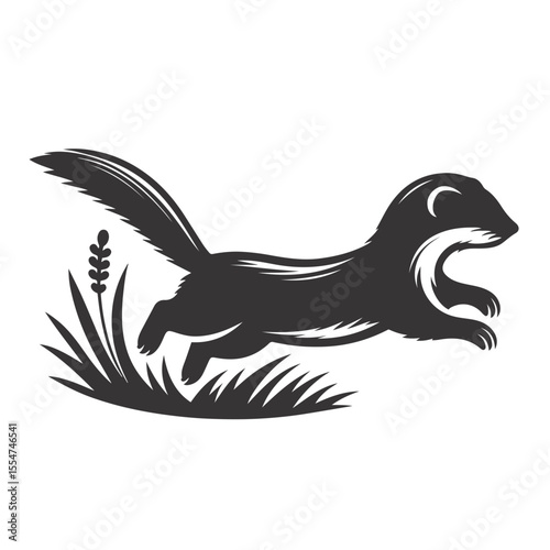 Vector illustration of running weasel silhouette for forest wildlife clipart and small predator nature designs