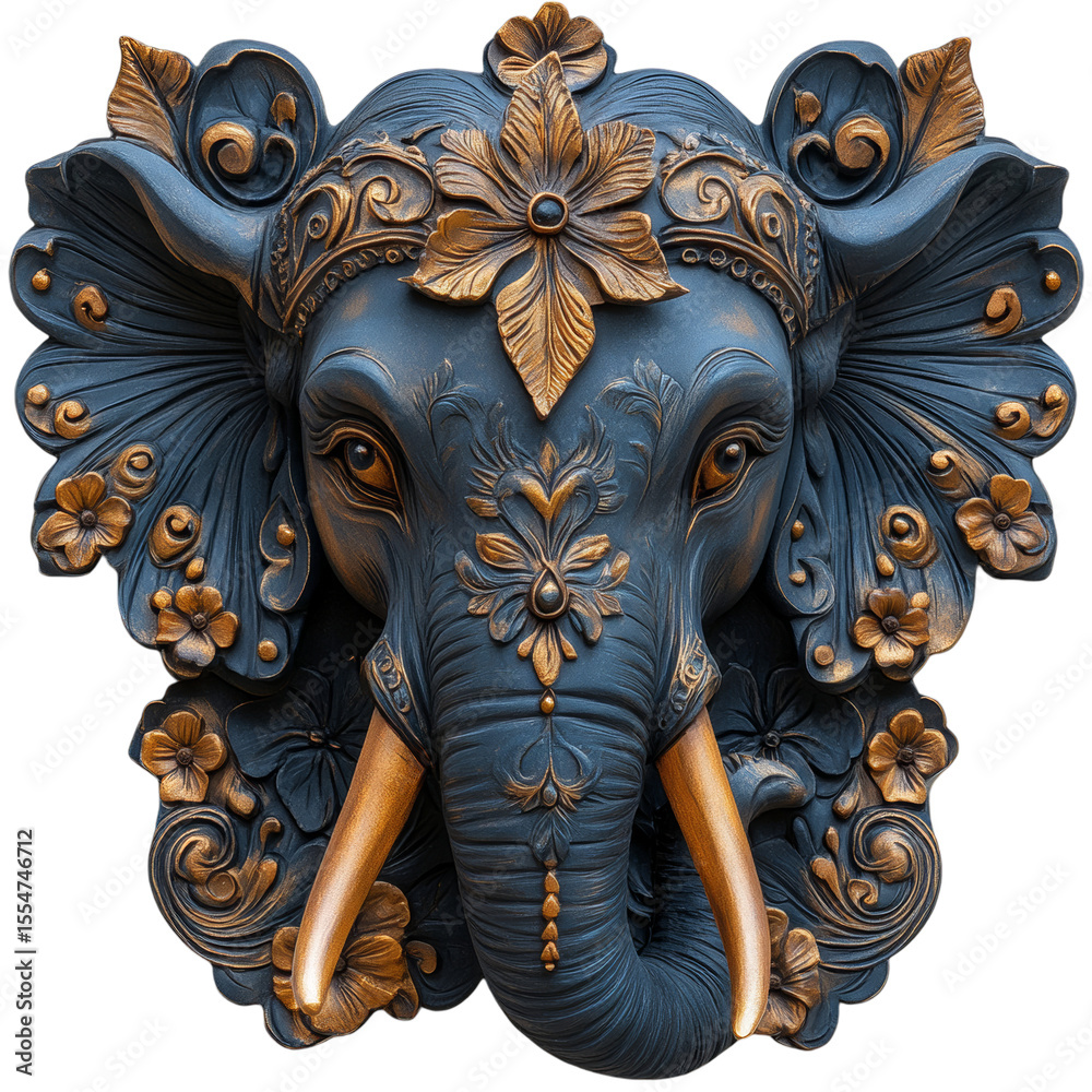Fototapeta premium Elegant Blue Elephant Sculpture with Floral Design: A Unique Masterpiece for Cultural and Spiritual Decor