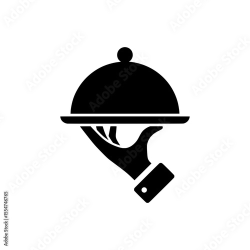Solid black icon of waiter hand holding cloche representing food service or hospitality