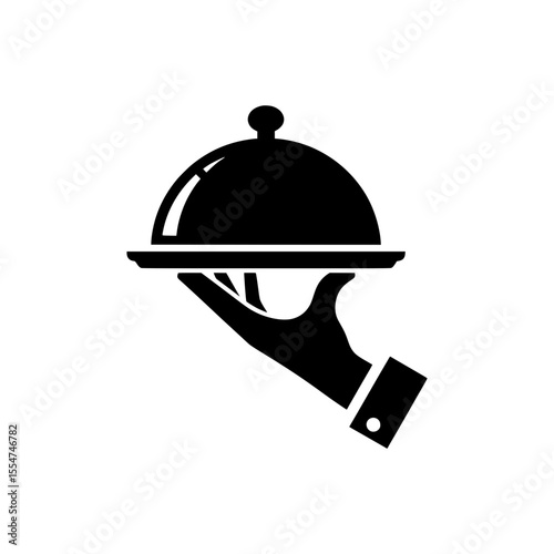 Solid black icon of waiter hand holding cloche representing food service or hospitality