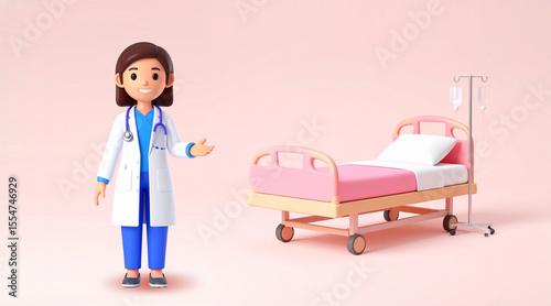 3D illustration of a female doctor and a hospital bed | Medical, hospital, health, examination, hospitalization image material | For clinics, medical institutions, websites, and brochures | Depicting 