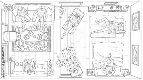 Top View of People Relaxing Indoors, Living Room and Bedroom Interior, Cozy Home Scene, Modern Lifestyle, Line Art Illustration

 flat vector illustration