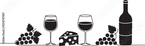 Black silhouette of wine glasses cheese grapes and bottle on white background