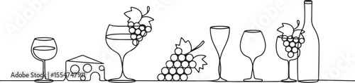 Continuous line drawing of wine bottle glasses cheese and grapes on white background