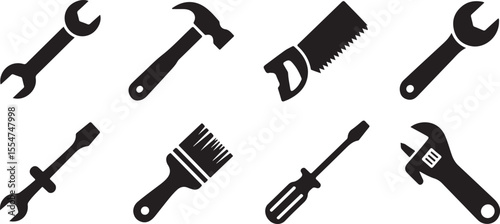 Collection of black silhouette icons representing various tools on a white background