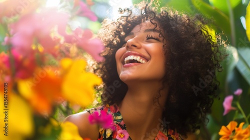 Joyful woman surrounded by vibrant flowers