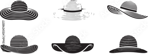 Six abstract black and white striped hats in various styles